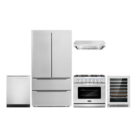 Cosmo 5 Piece Kitchen Appliance Packages with 36  Freestanding Gas Range 36  Under Cabinet 24  Built-in Fully Integrated Dishwasher French Door Refrigerator & 48 Bottle Wine Refrigerator