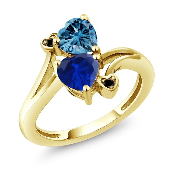Gem Stone King 10K Yellow Gold Diamond Accent Ring Heart Shape Persian Blue Moissanite and Created Sapphire Blue (1.63 Cttw, Size 9)