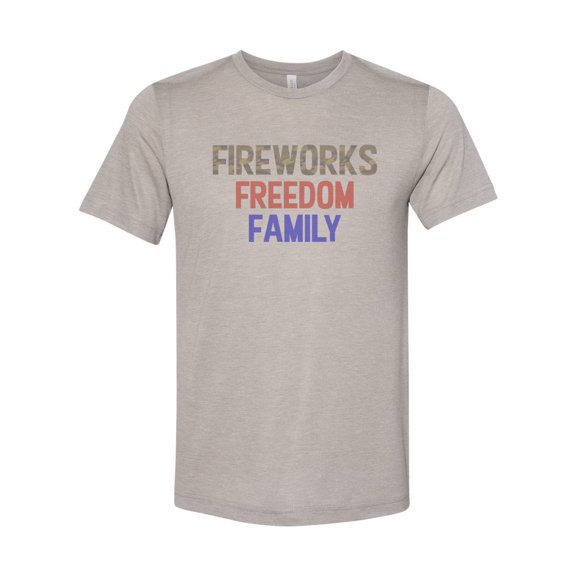 "4th Of July Tee, Fireworks Freedom Family, Independence Day, Unisex, Sublimation T, Camo Shirt, 4th Of July, Fireworks, Let Freedom Ring, Heather Stone, LARGE"