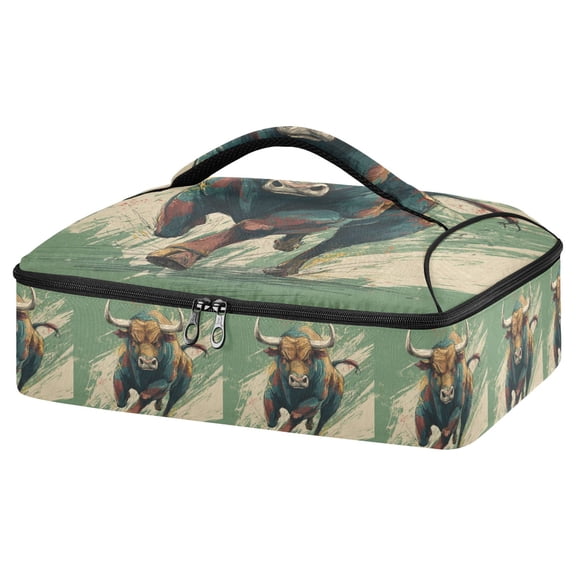 Iauyy Casserole Carrier for Hot Food Insulated Casserole Travel Carry Bag with Lid Food Warmer Bag for Party/Picnic,Angry Bull Running Picture