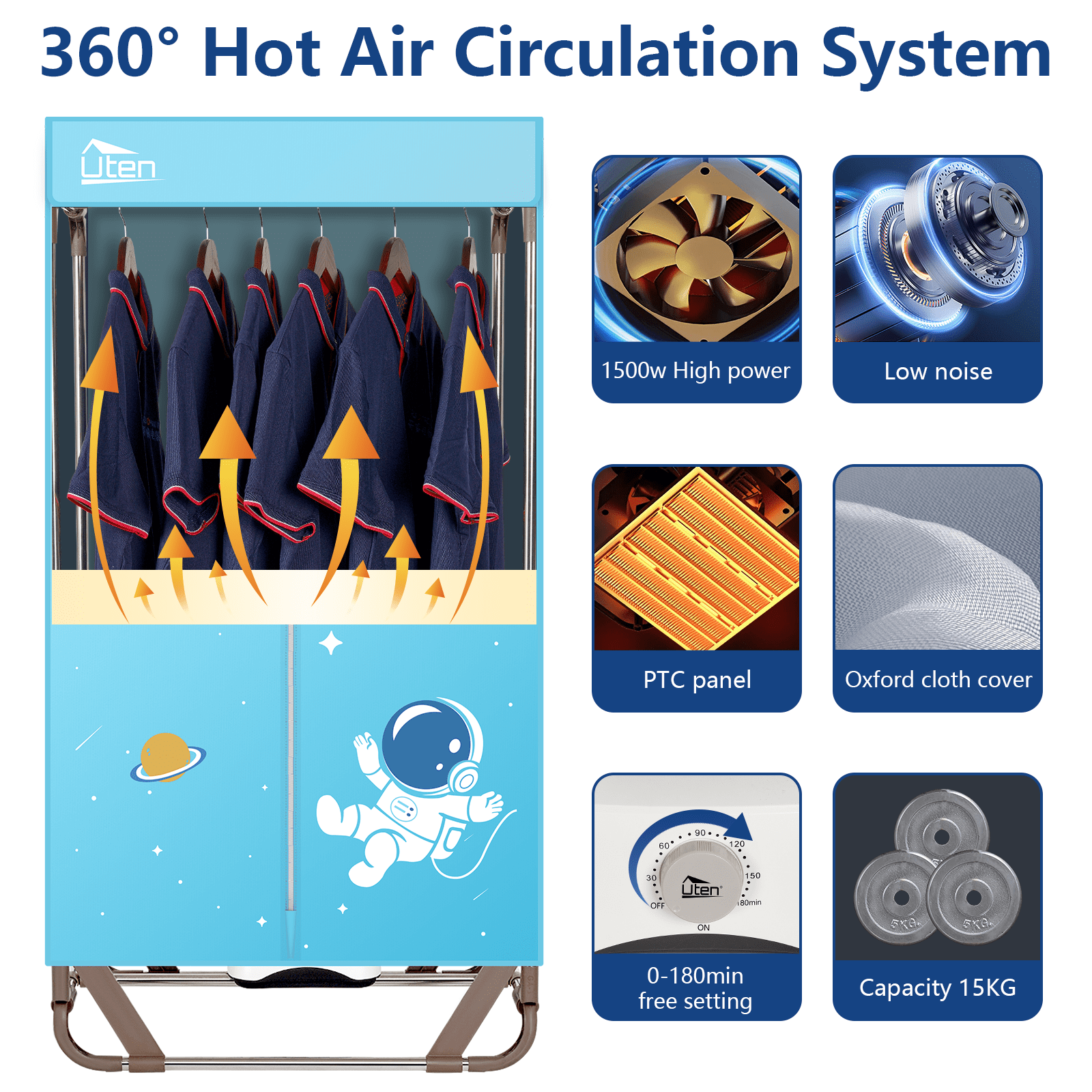 Uten Electric Clothes Dryer Portable 1500W Air Drying Laundry Heater with Timer, Foldable Clothes Drying Rack and Dryer for Travel, Apartments, RV, Home