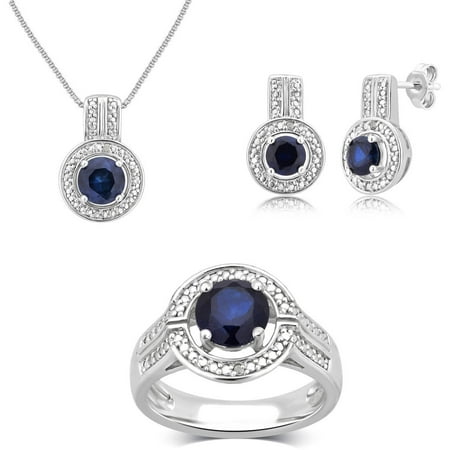 Round White Diamond Accent and Created Blue Sapphire Silver-Tone Ring, Earrings and Pendant Set, 18