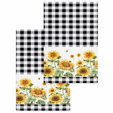 Sunflower Hand Towels Set Waffle Weave Kitchen Towels 2 Pieces Microfiber Hair Face Bath Tea Towel Absorbent Quick Drying Cleaning Dish Cloths Black White Buffalo Plaid Check Country Bee 15.7 x23.6