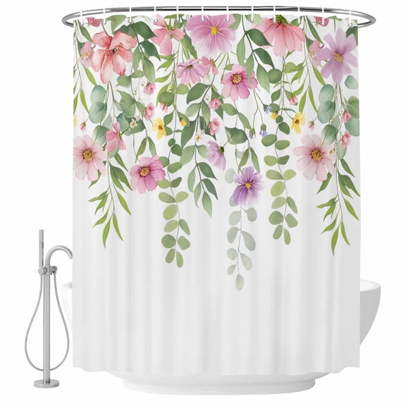 Pink Green Spring Shower Curtain - Water Repellent Fabric Shower Curtains Washable, Floral Eucalyptus Leaves Watercolor Plant Decorative Polyester Cloth Bathroom Curtains Modern Bath Decor 66"x72"