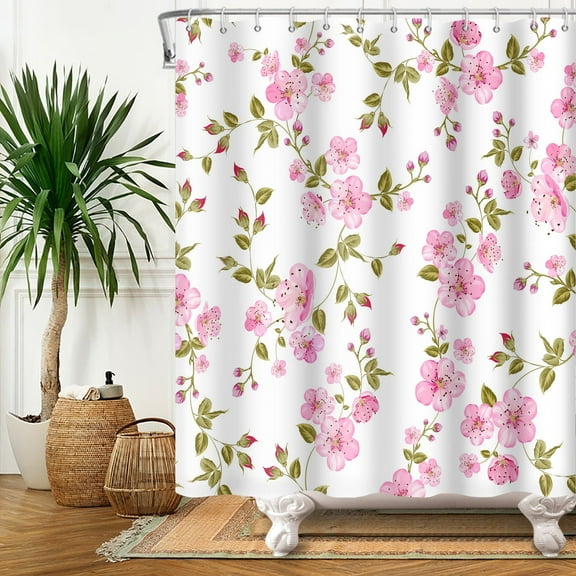 Pink Cherry Blossom Shower Curtain for Bathroom,Spring Floral Waterproof Fabric Bath Curtain with Hooks,72x72 in