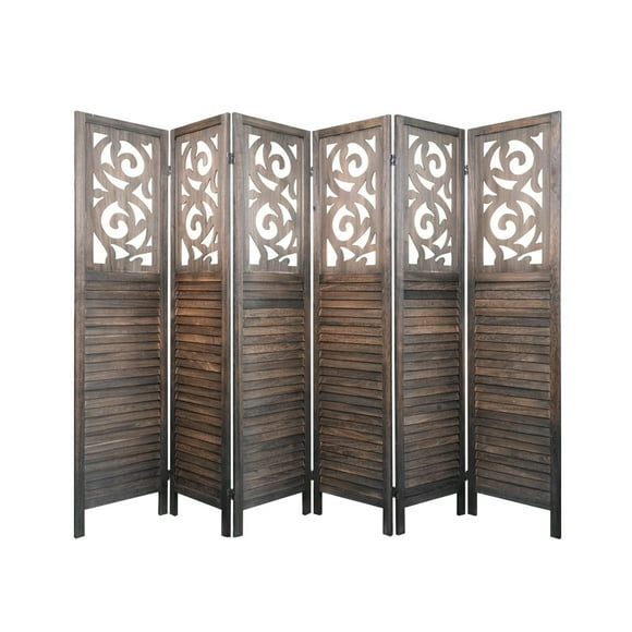 6 Panel Room Dividers, 6FT Carved Wood Room Divider Partition Room Dividers Wall Wooden Carved Folding Privacy Screens Foldable Panel Wall Divider for Office Restaurant, Rustic Brown