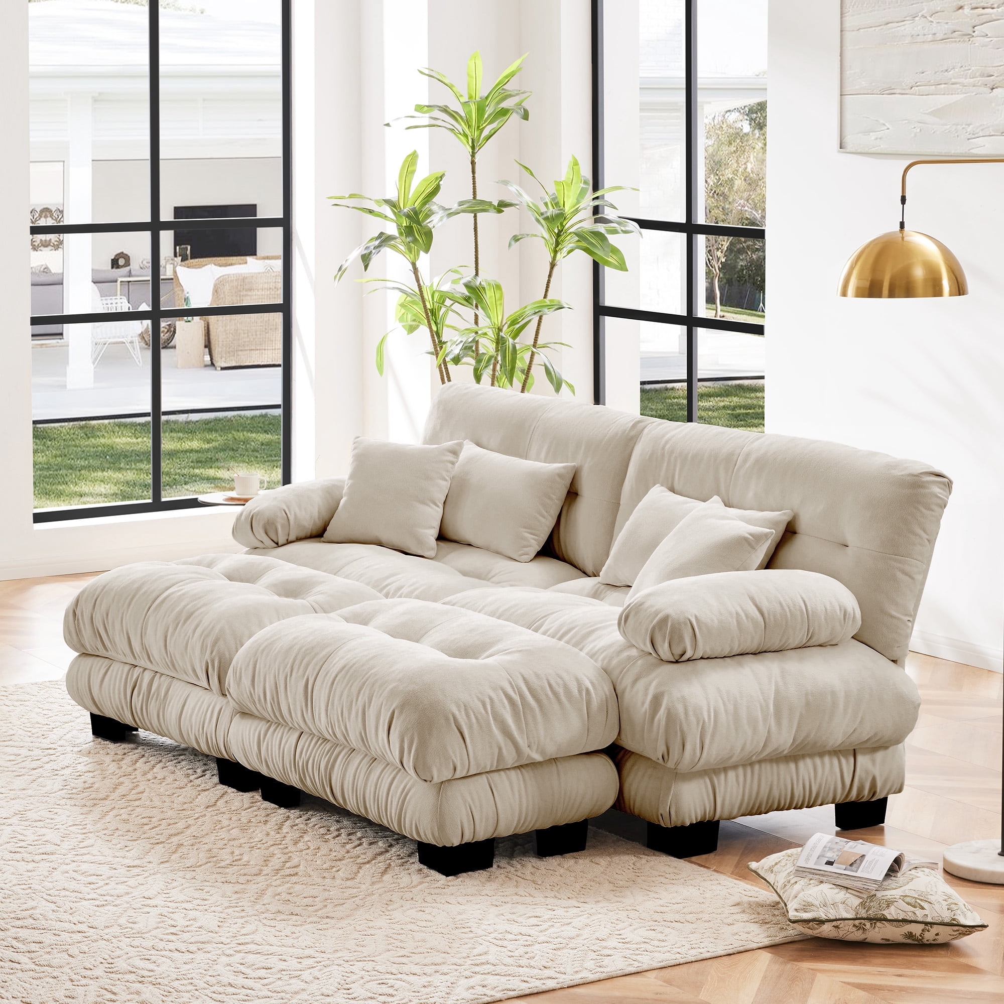 Gewnee 94.4" Chenille Cloud Couch 2-Seater Soft Upholstered Sectional Sofa with 2 Ottomans, 2 Lumbar Pillows & 2 Throw Pillows for Living Room, Light Coffee