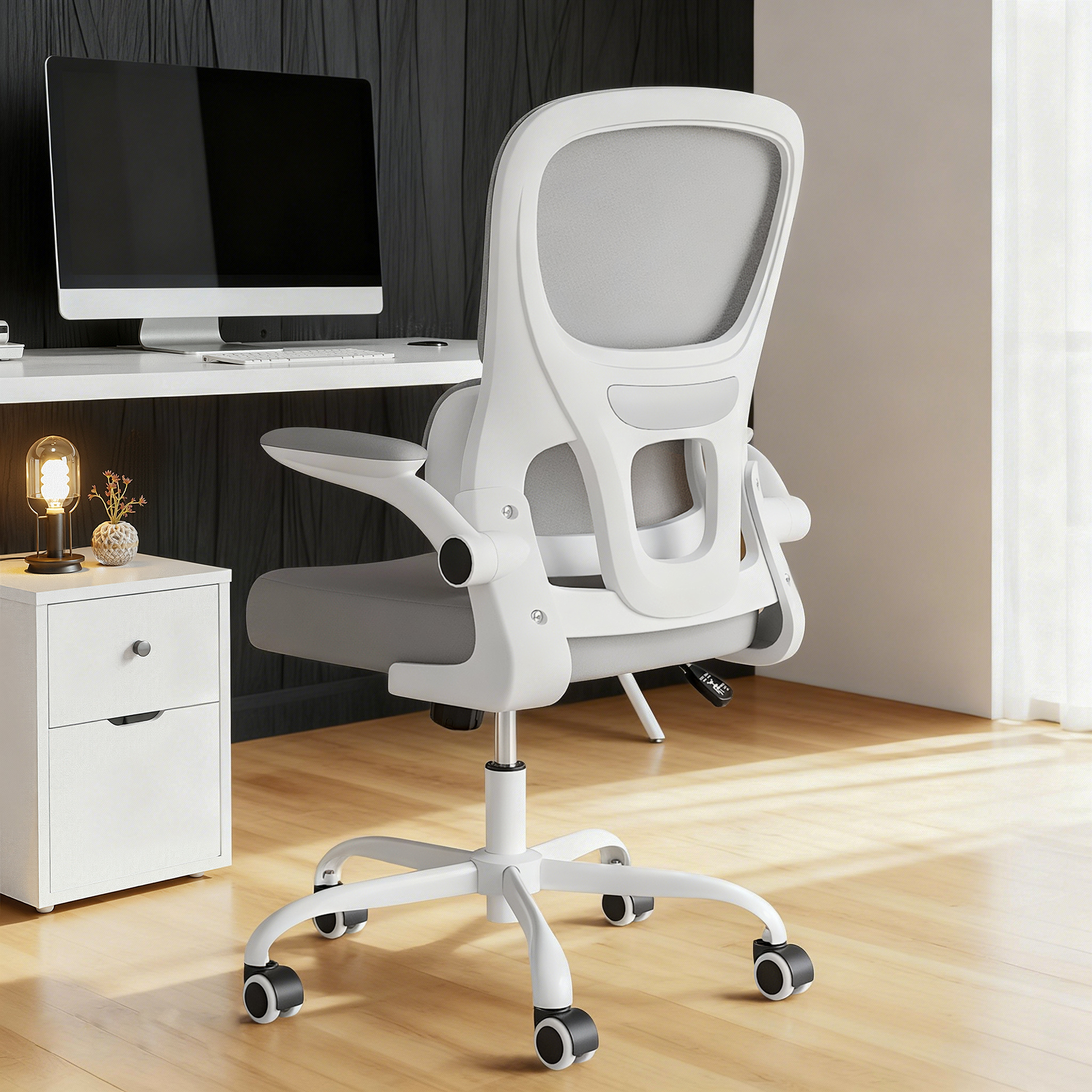 MAYEERTY Gray Desk Chair with Mesh Back, Ergonomic, Lumbar Support & Flip-Up Armrests for Work & Study