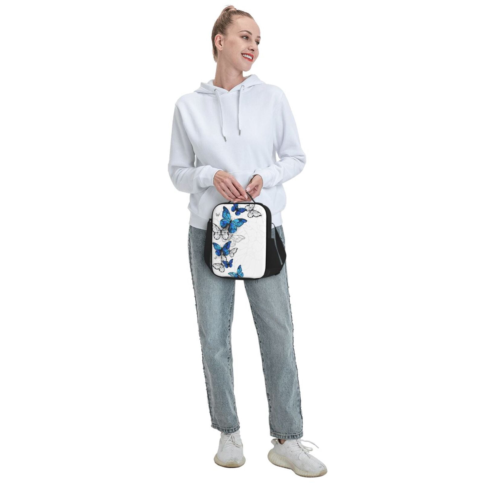 Defioc Blue Flying Butterflies Print Lunch Box for Men & Women, Insulated Lunch Bag Thickened Thermal Leakproof Lunch Tote Bag for Adult Office Travel Picnic