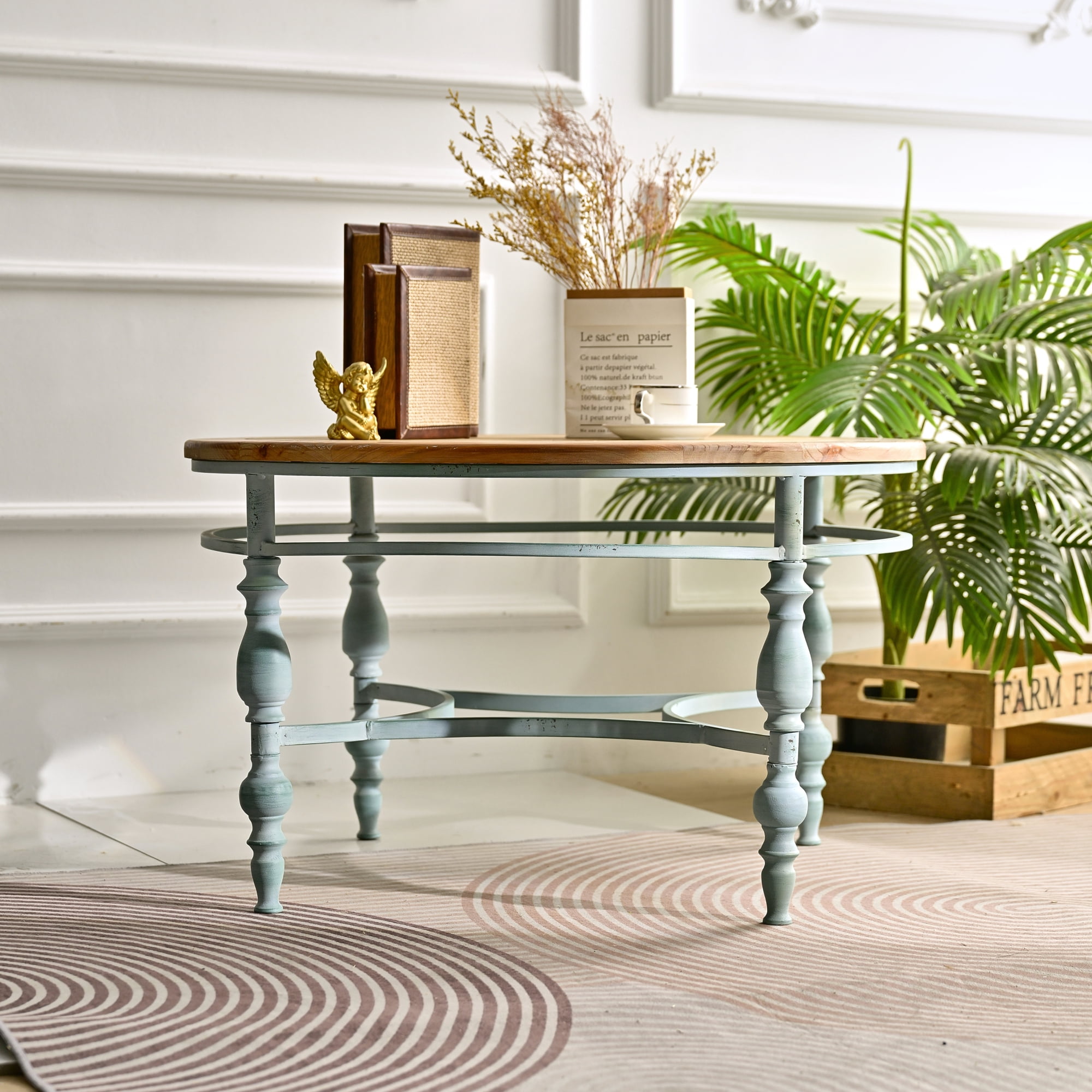 Leumius 31.50" Accent Rustic Carved Coffee Table, Round Wooden Top Metal Leg Round End Table for Living Room