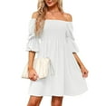 thumbnail image 6 of Babysbule Dresses For Women Ladies Solid Casual Square Neck Puff 3/4 Sleeve Smocked Chest Off Shoulder Babydoll Mini Short Dress, 6 of 9