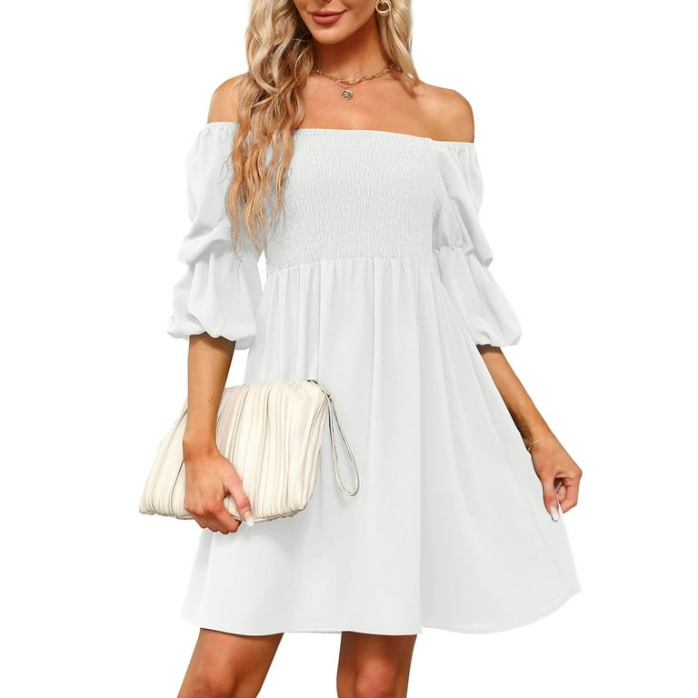 SELONE Beach Dresses for Women Plus Size Dress for Women Casual Off the  Shoulder Tube 3/4 Sleeve Square Neck Cold Shoulder Puff Sleeve Puff Smocked  Chest Babydoll Mini Fashion Beach Classy White