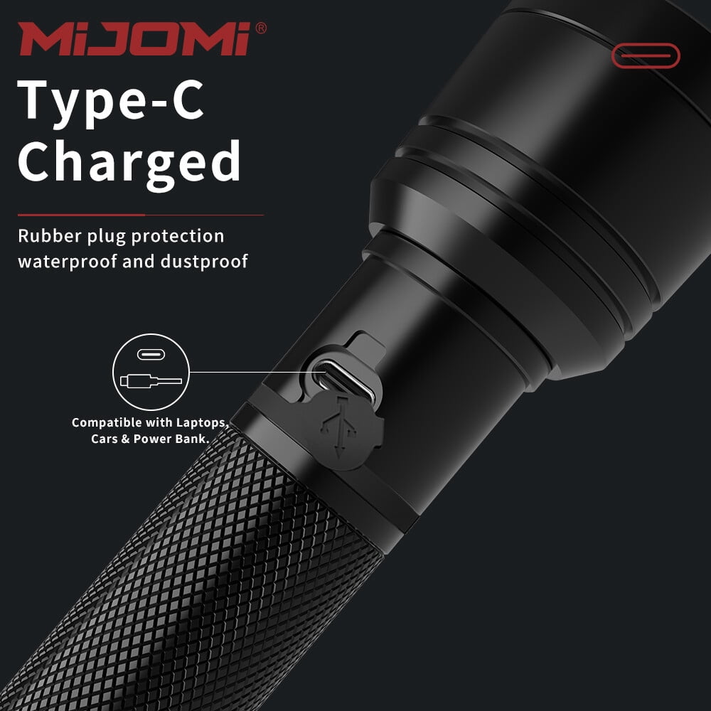 Mijomi Flashlight A6 1000 Lumens high Brightness 228m Beam Distance Samsung LED 18650 Rechargeable Flashlight for Industry use Easy Control 3 Lighting Modes Waterproof flashlight