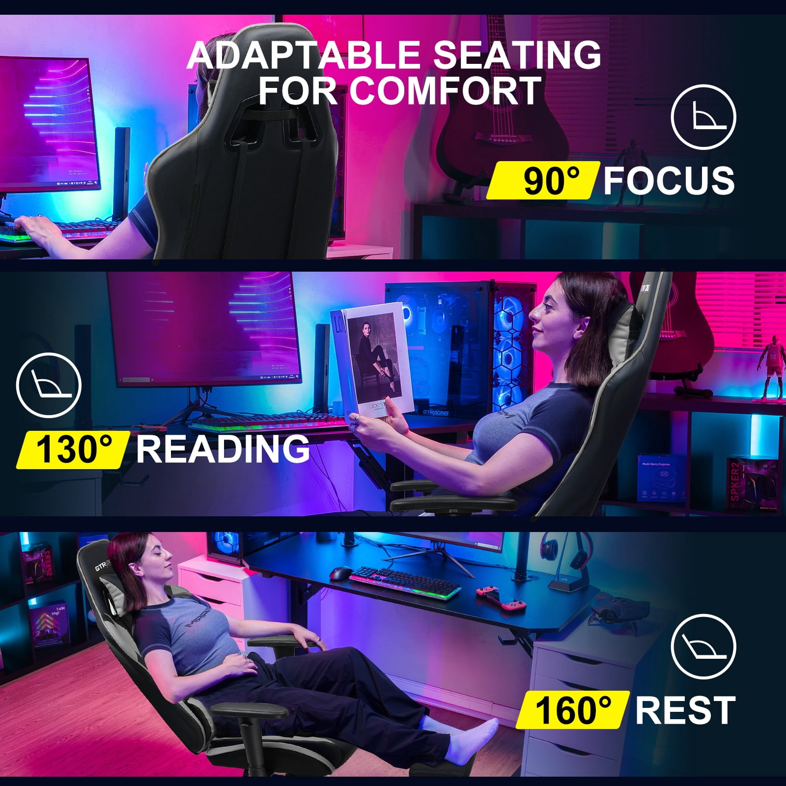 GTRACING Gaming Chair with Footrest Ergonomic Reclining Office Chair Swivel Rocker, Gray