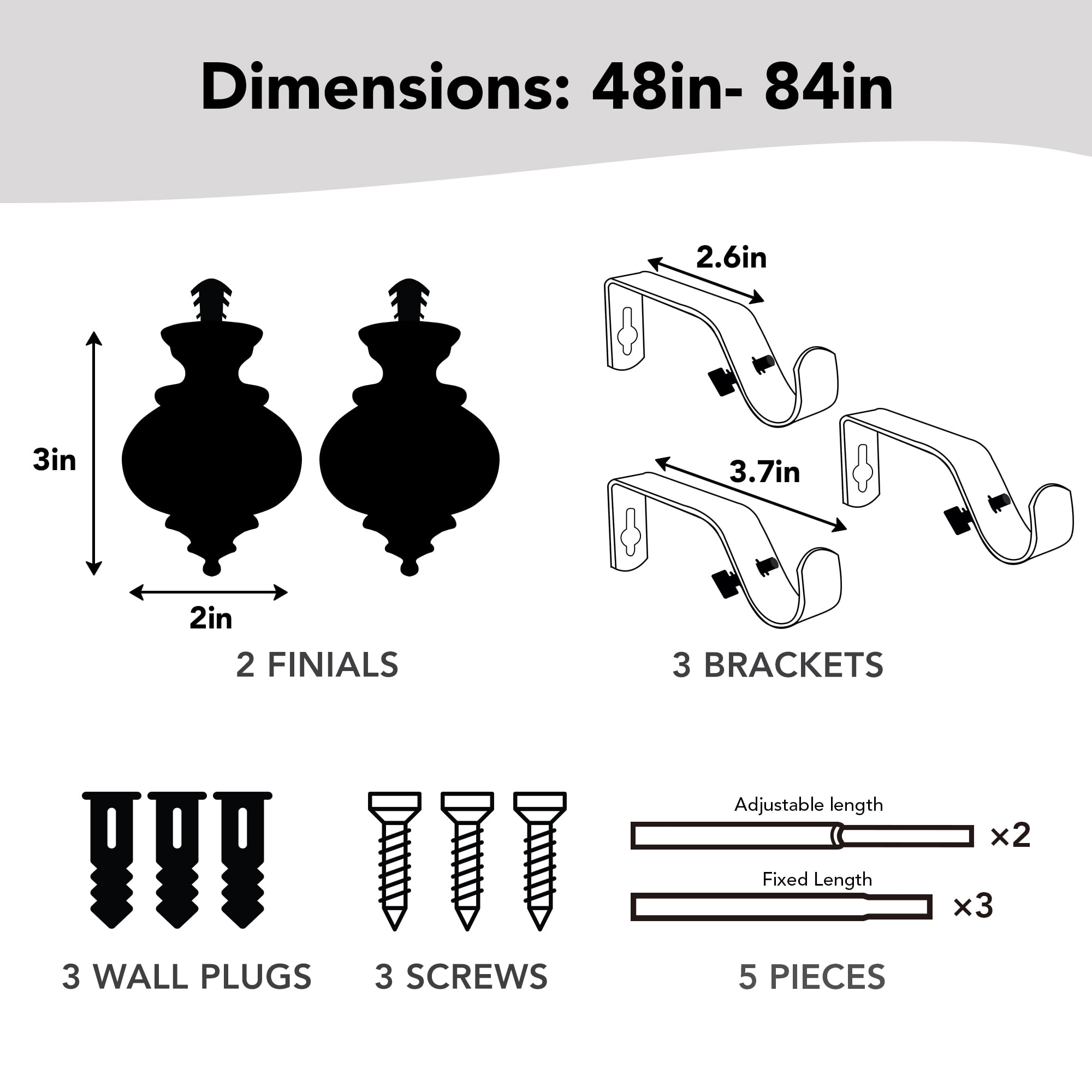 Deconovo Decorative Curtain Rod with Clear Acrylic Finial, Silver, 48-84 Inch, Stainless Steel Adjustable Window Treatment Rod
