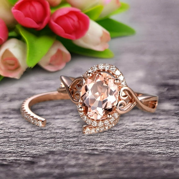 Art Deco 1.50 Carat Oval Cut Morganite Engagement Ring Wedding Set On 10k Rose Gold Shining Startling Ring Anniversary Gift