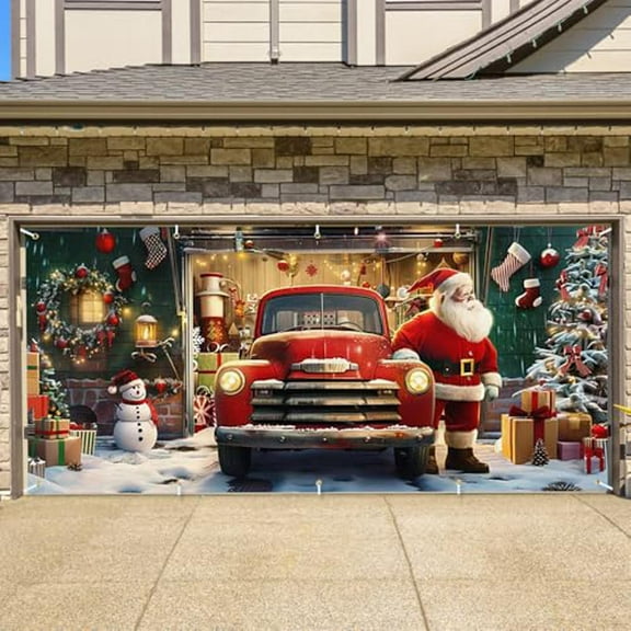 Christmas Garage Door Cover Santa Cl A U S And Vintage Truck Holiday Banner Decoration For Garage Large Outdoor Christmas Decoration Garage Cover For Christmas Festive Home De Cor Easy To Use