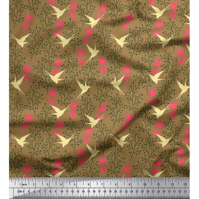 Soimoi Poly Georgette Fabric Berries,Floral & Swallow Bird Print Sewing Fabric Yard 52 Inch Wide