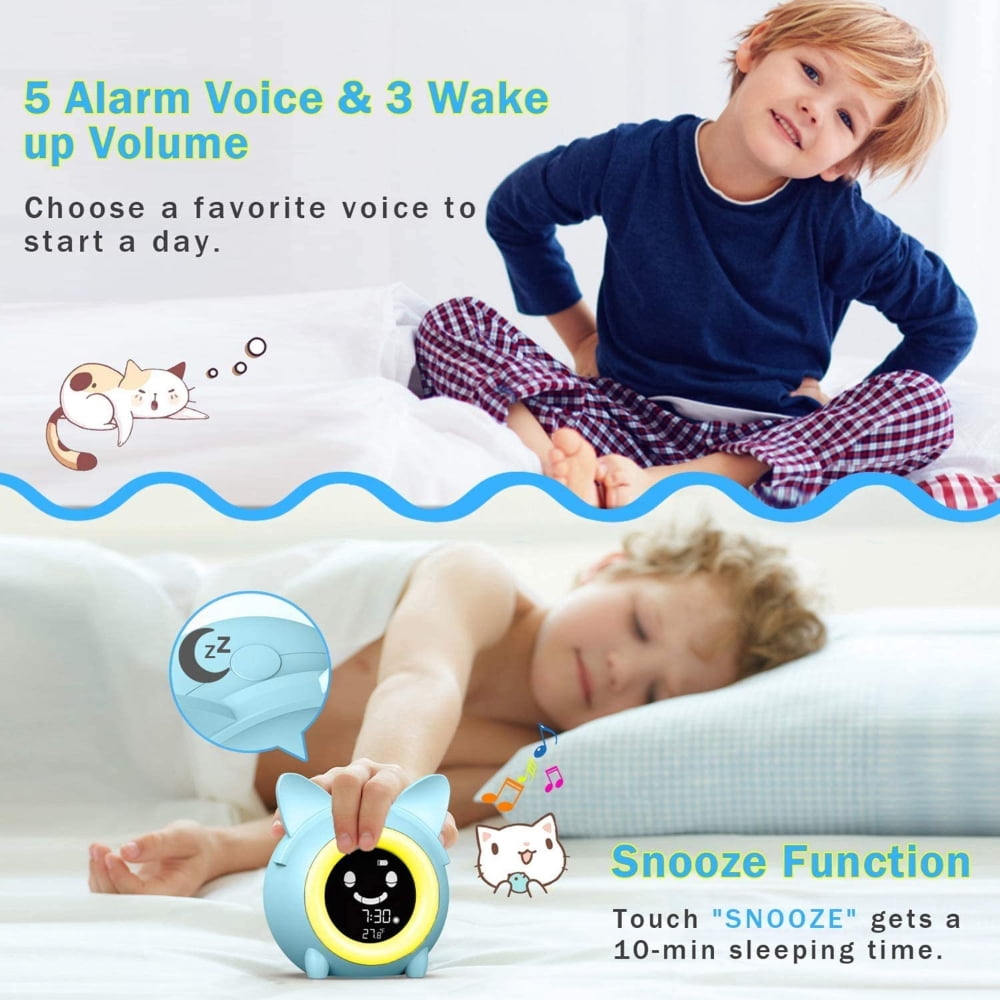 KEINXS Smart Night Light Digital Kids Alarm Clock with Cat Ears,Also with Indoor Temperature Detect,5 Color Night Light, Dimmer, 8 Nap Timer, Funny Faces, 12/24 H DST, Snooze Time to Wake Alarm