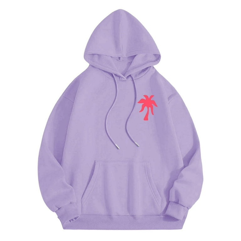 JULMCOMO Purple Palm Puff Hoodie Preppy Oversized Long JULMCOMO Purple Palm Puff Hoodie Preppy Oversized Long