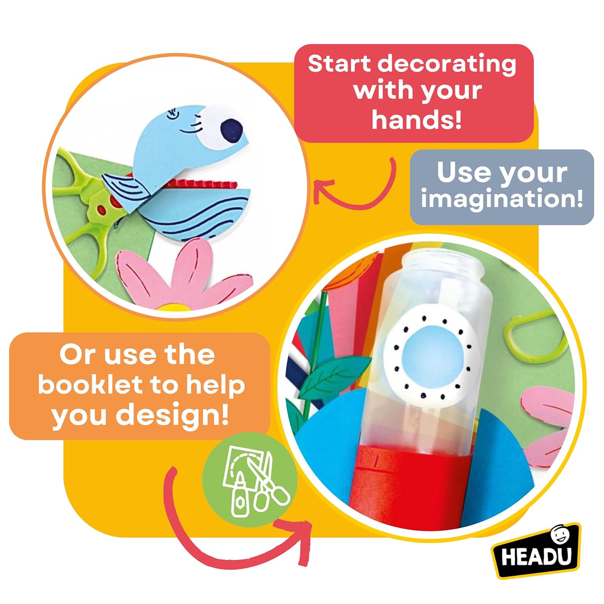 Headu: Eco Artist Lab - Transform Plastics Into Creations, DIY Characters & Objects, Cardboard Shapes, Felt Pens, Plastic Straws-Bottle-Tub, Kids 4+