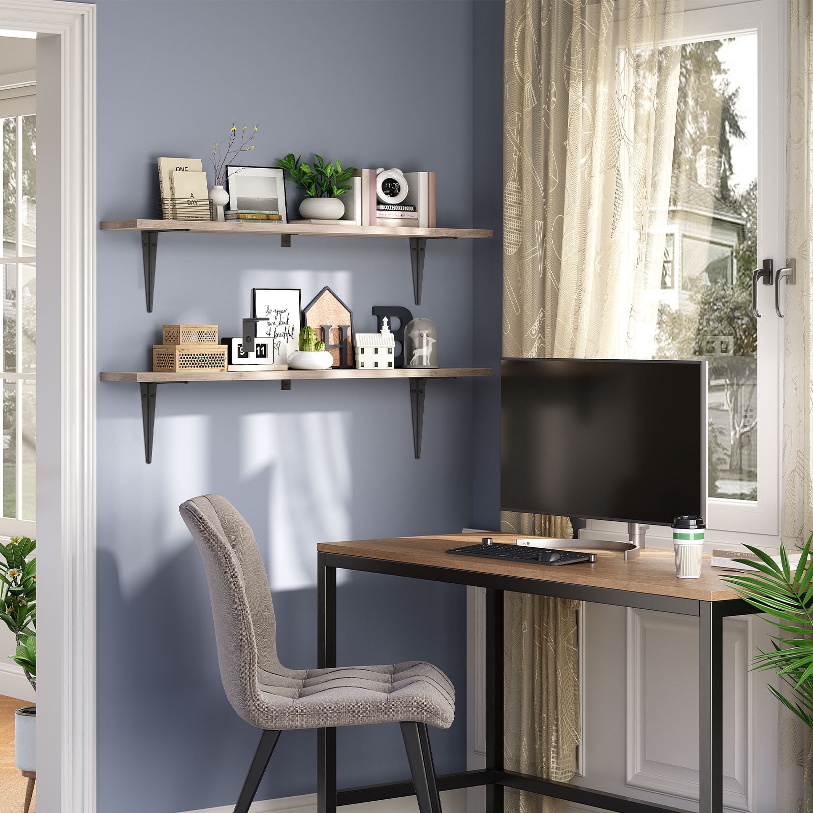 HOOBRO Set of 2 39.4-Inch Floating Wall Shelves with Metal Brackets, Greige and Black