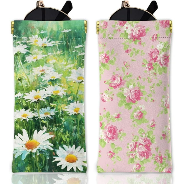 Estuche para gafas de piel sintética con diseño de margaritas de colores, 2 unidades, para adultos, con plantas verdes y rosas, portátil, con cierre a presión