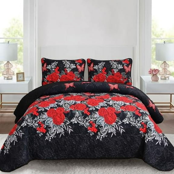 Yiran Floral Quilt Set Size Elegant Red Rose Bedding Bedspreads 3 Pieces Lightweight Microfiber Coverlet Sets with 2 Pillow Shams for All Season (90"x96")