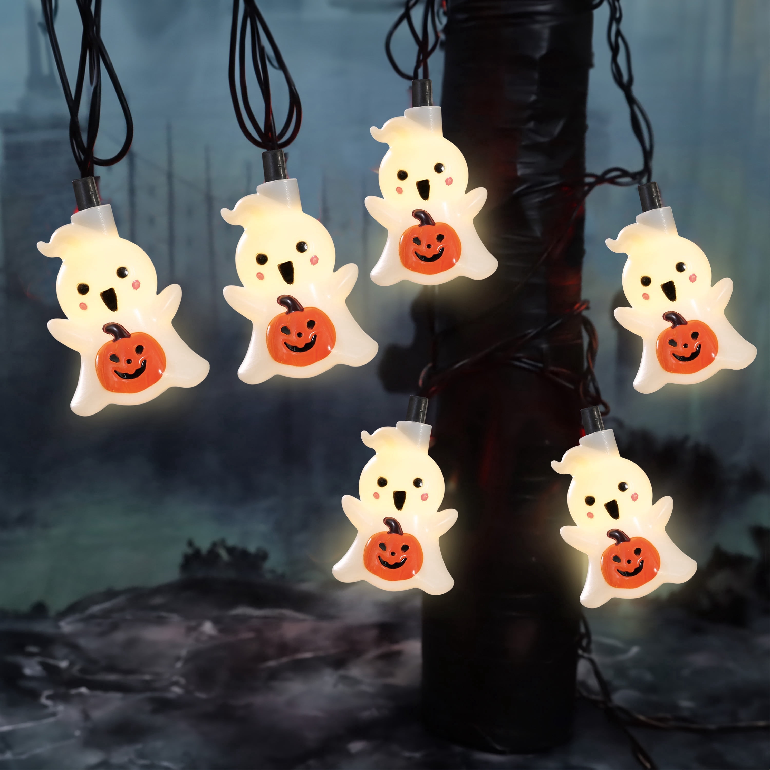 Indoor/Outdoor 10-Count LED Ghost with Pumpkin String Lights, Warm White, 6.5', Halloween by Way To Celebrate