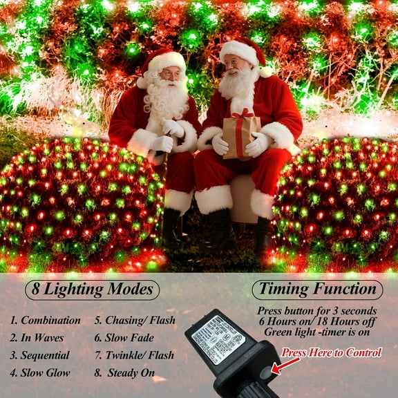 FGERFE-300LED Christmas Net Lights, 14.8ft x 5ft Mesh Lights Outdoor Green Wire 8 Modes Timer, Waterproof Connectable String Lights for Bushes Xmas Tree Garden Holiday Party Decor - Red Green