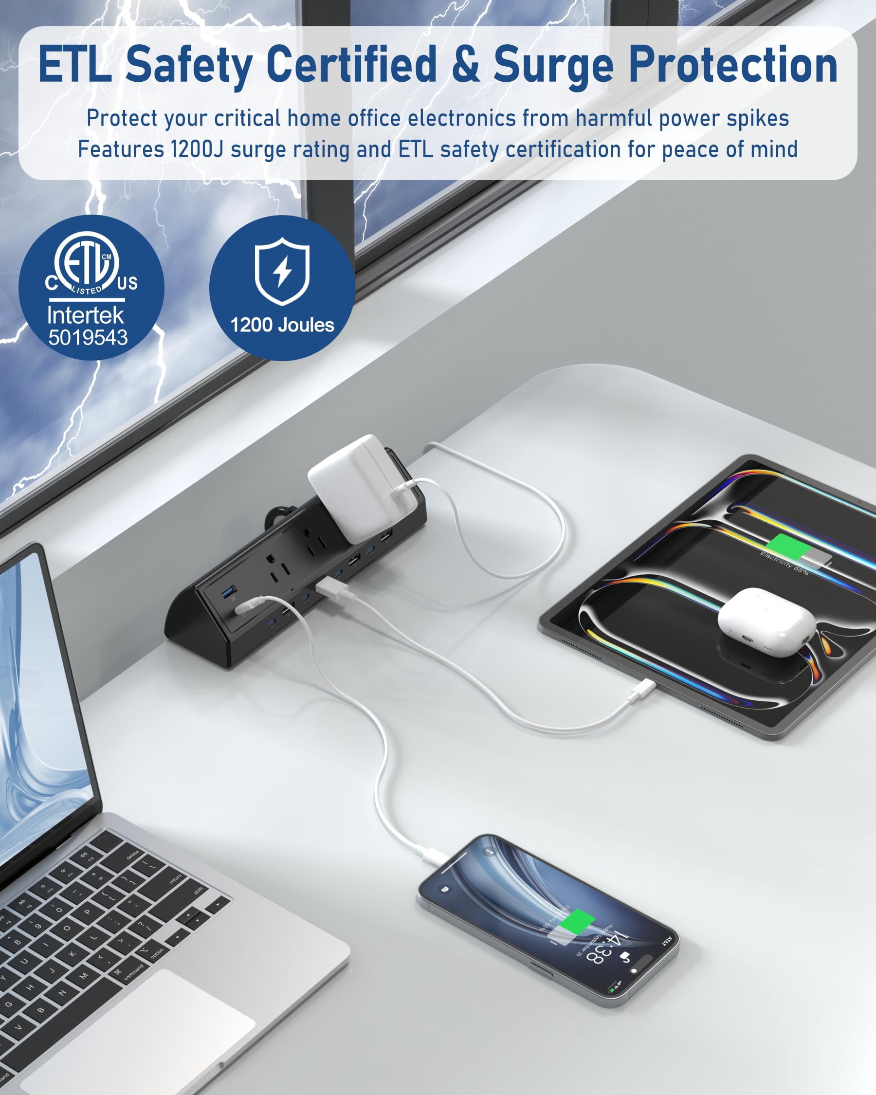 130w Desk Clamp Power Strip  12 Usb Ports (6 Pd 65w Usb-c) Surge Protector Etl Listed Hub Extension Cord Fast Charging Station For Home Office Edge Mount (black 12 Usb-130w)