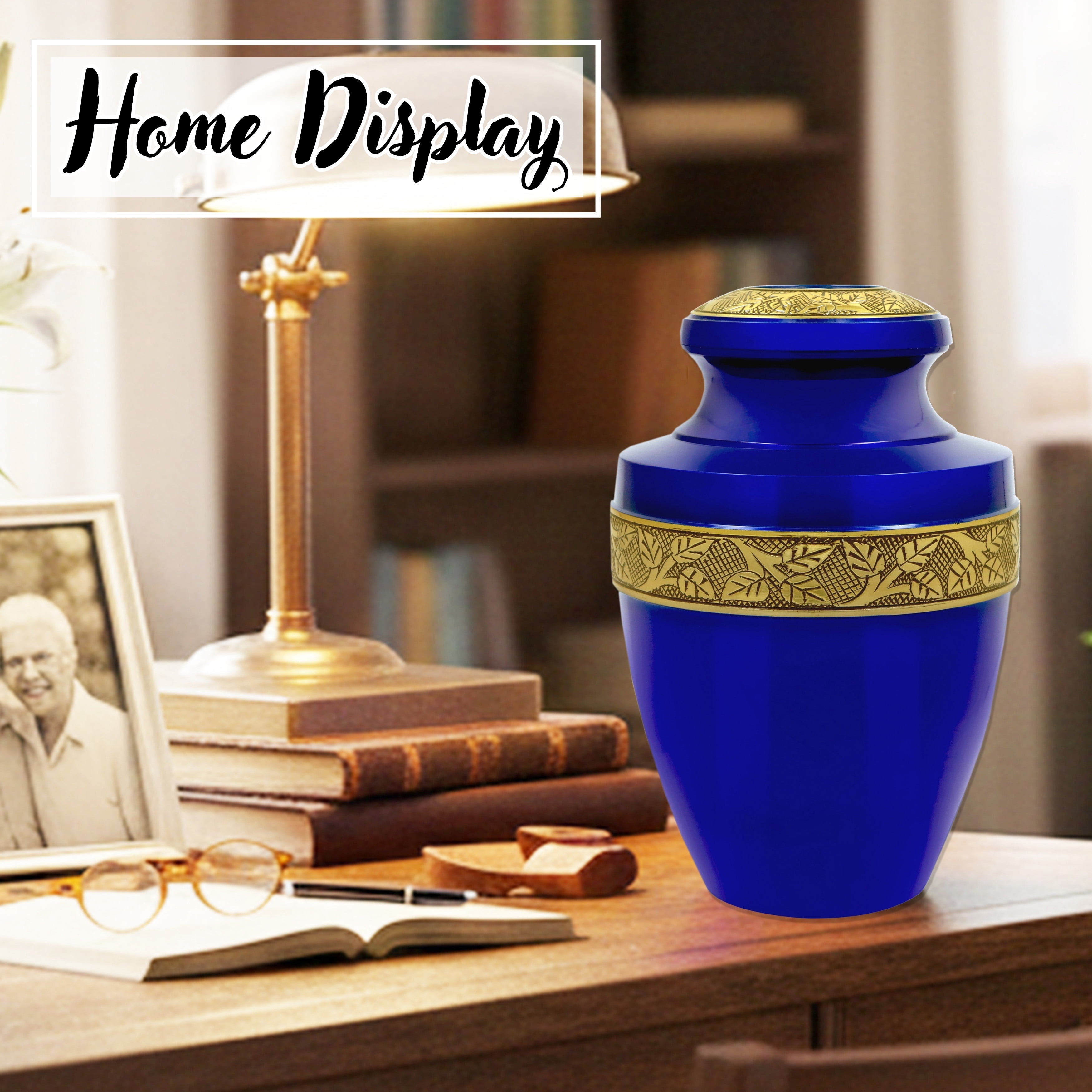 Handcrafted Aluminum Urn - Decorative Memorial Holder for Ashes and Remembrance (Sapphire & Royal Gold)