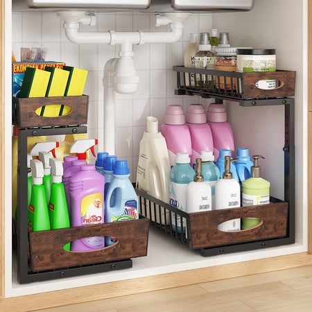 2-Tier Under Sink Organizer with Wooden Drawer Handle 2 Pack Adjustable Height Pull Out Cabinet Organizer Shelf Slide out Storage Drawer Rack for Kitchen Bathroom Laundry Room Pantry (Black) VT1