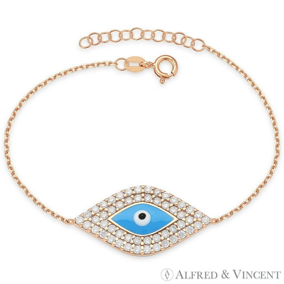 Evil Eye Bead & CZ Crystal Charm Bracelet in .925 Sterling Silver