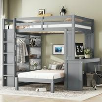 Newest Full XL/Full over Twin Bunk Bed with Dismountable Lower Bed , Desk, Solid Wood Bunk Beds Frame with Built-in Shelves , Wardrobe, Can be Converted into Loft Bed, Grey