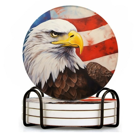 

Drink Coasters Set of 4 with Holder American bald eagle painting with the background of american flag Water Absorbent Ceramic Coasters Tabletop Protection Suitable for Various Cup Home Decor