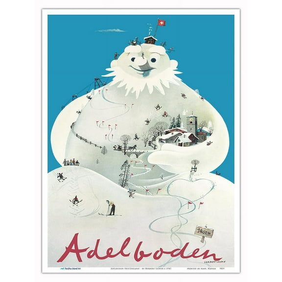 Adelboden Switzerland - Snowman Ski Mountain - Vintage Travel Poster by Herbert Leupin c.1947 - Master Art Print (Unframed) 9in x 12in