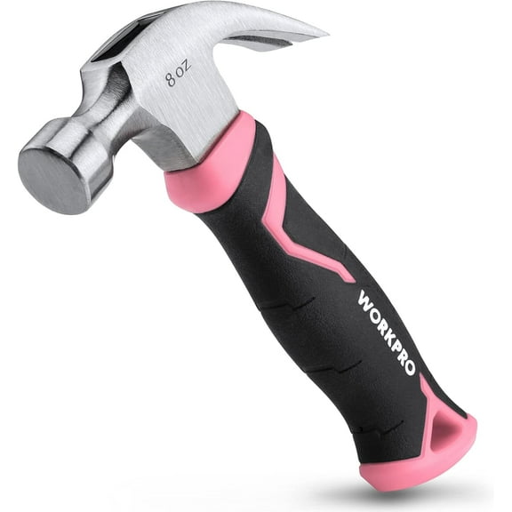 WORKPRO 8 oz Claw Hammer with Fiberglass Handle, All Purpose Hammer with Forged Hardened Steel Head, Pink Ribbon