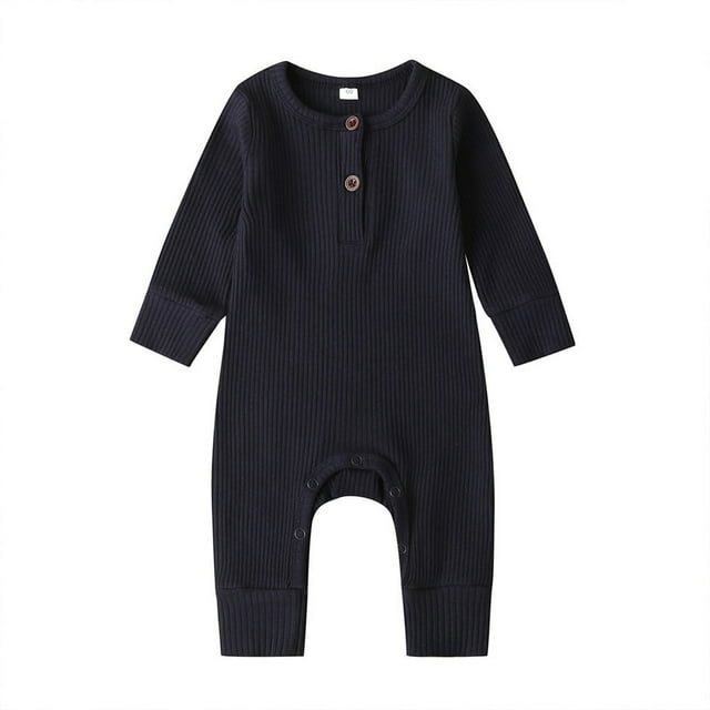 Baby Boy Girl Button Romper One Piece Solid Color Knit Ribbed Jumpsuit