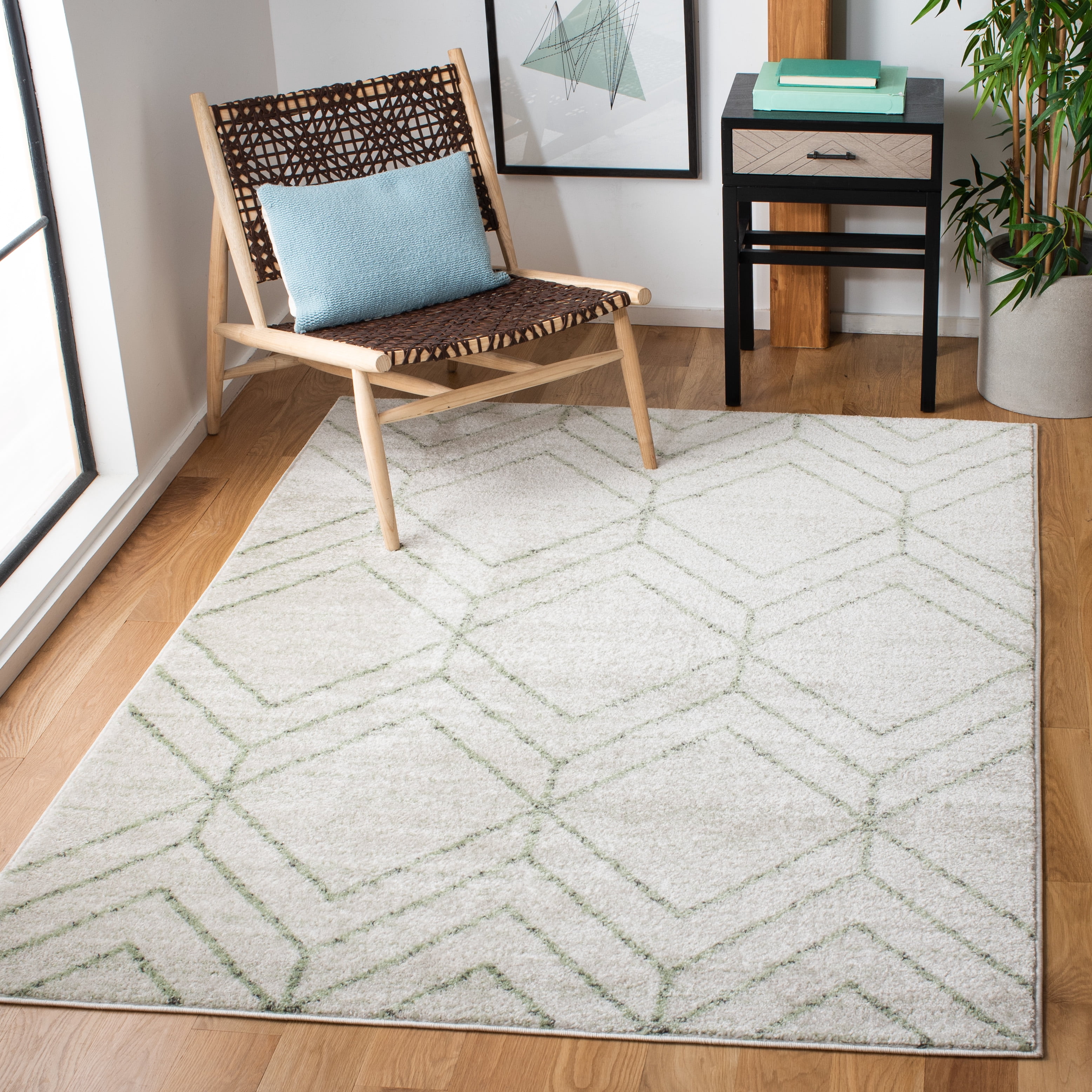 SAFAVIEH Adirondack Caitriona Geometric Squares Area Rug, Ivory/Sage, 4' x 6'
