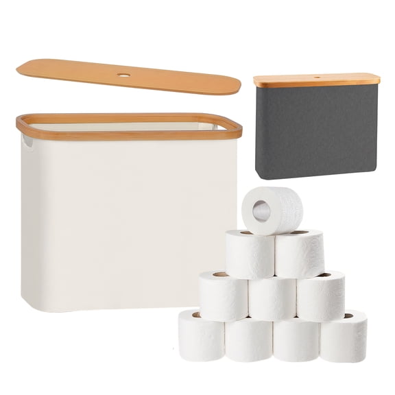 FT Hita Toilet Paper Storage Stand, Storage Basket with Bamboo Lid,Toilet Paper Basket with Lid for 12-Roll Standard Toilet Paper Holder