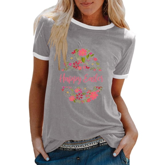 JeashCHAT Easter Tshirt for Women Easter Bunny Rabbit Egg Print Women Summer Sexy Happy Easter Print Regular Women Round Neck Short Sleeves Top