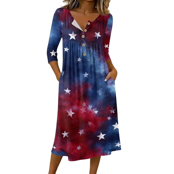 Women's 4th of July 250th Anniversary Artistic Pattern Dress 3/4 Sleeve Button Neck Midi Dress Loose Fit Casual Patriotic Independence Day USA Flag Soft Fabric Everyday Wear Dark Blue L