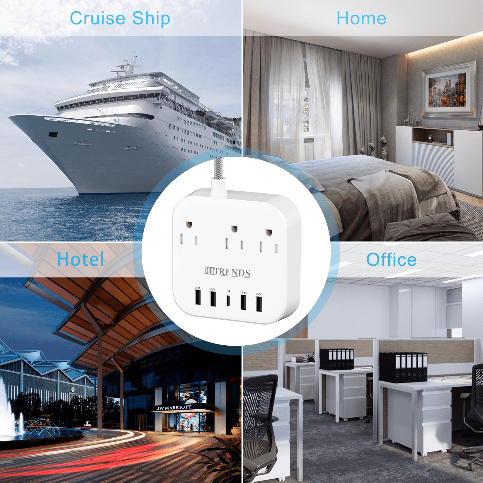 HITRENDS Surge Protector Power Strip, 3 AC Outlets, 4 USB-A Ports, 1 USB-C Port, 10-Foot Extension Cord