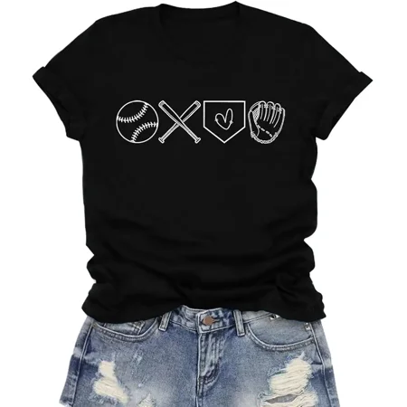 Women's Retro Baseball Heart Graphic T-Shirt Casual Love Sports Short Sleeve Tee Minimalist Softball Mom Top Summer Fashion Apparel Black