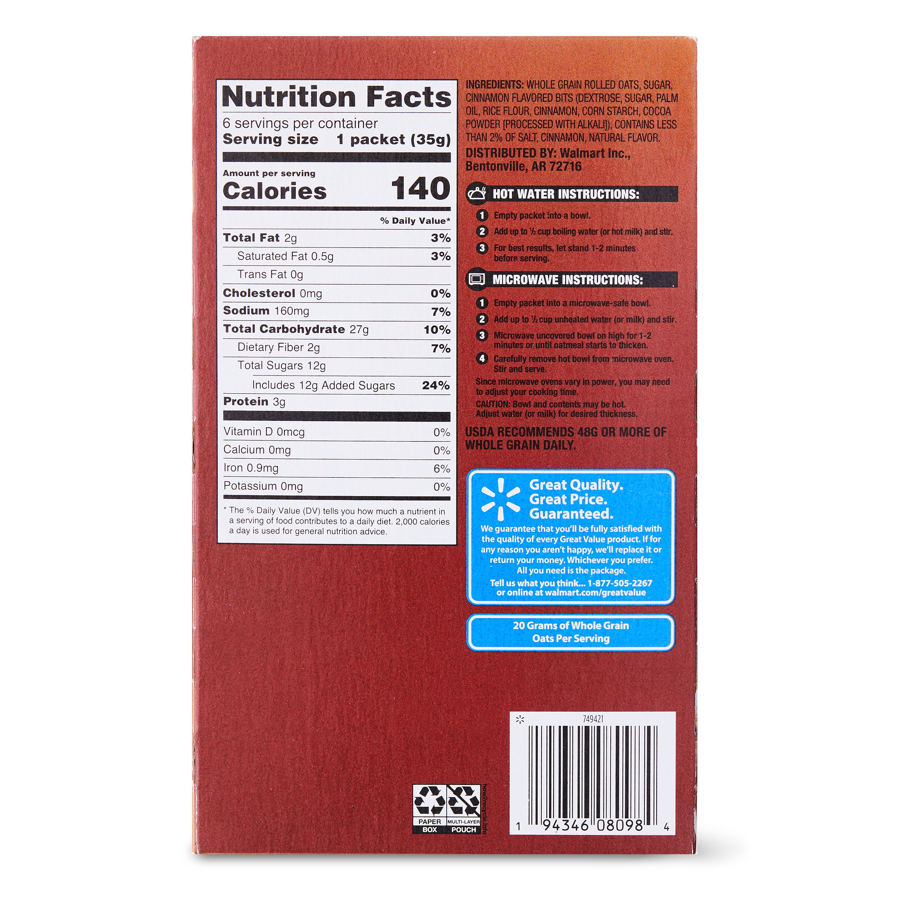 Great Value Cinnamon Crunch Instant Oatmeal, 1.23 oz, 6 Count