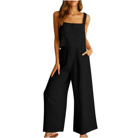 Scyoekwg Plus Size Two Piece Outfits for Women Summer Casual Solid Color Cotton Linen Outfit Trendy Round Neck Sleeveless Sling Tops Wide Leg Baggy Pants Suit 2Pcs Matching Set Black XL