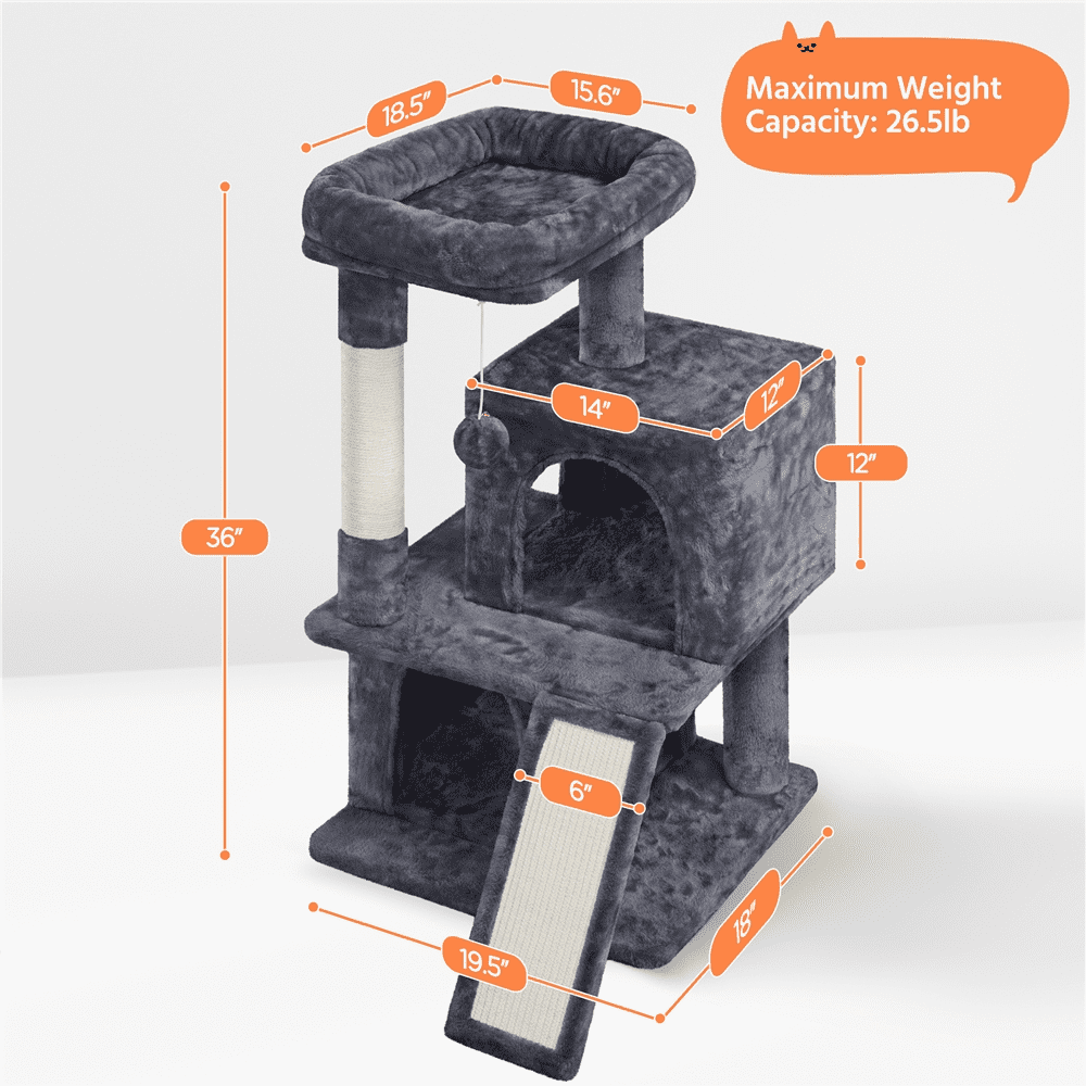 Alden Design 36" Cat Tree with Condo and Scratching Post Tower, Dark Gray