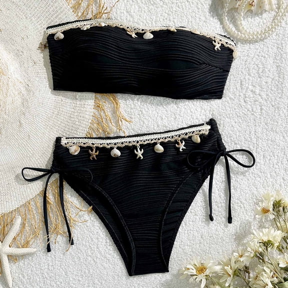 Ruffle Swimsuits for Women Womens Strapless Bikini Set Bandeau Tops with Side Drawstring High Cut Bottoms Summer Beachwear Black L