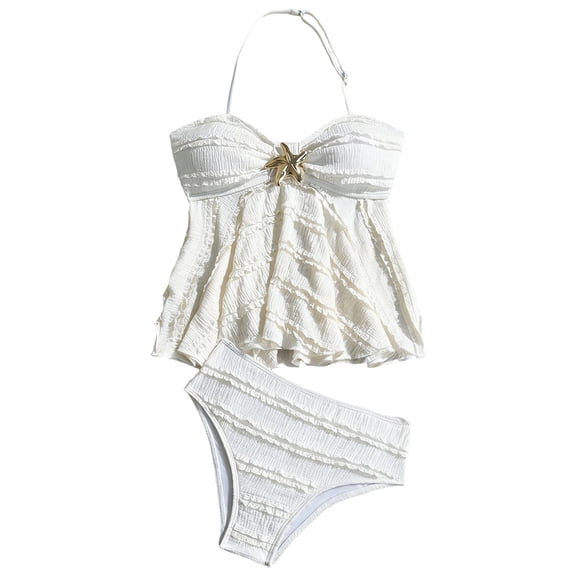 Tigivemen Girl's 2 Piece Swimsuit Size 7-8 Years White Swim Suits for Teen Girls Metal Starfish Bikini Swimsuits Flowy Kids Bathing Suit Sets